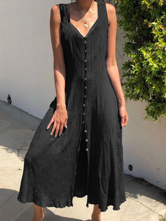 Fashion Linen Vintage V Neck Casual Maxi Dress