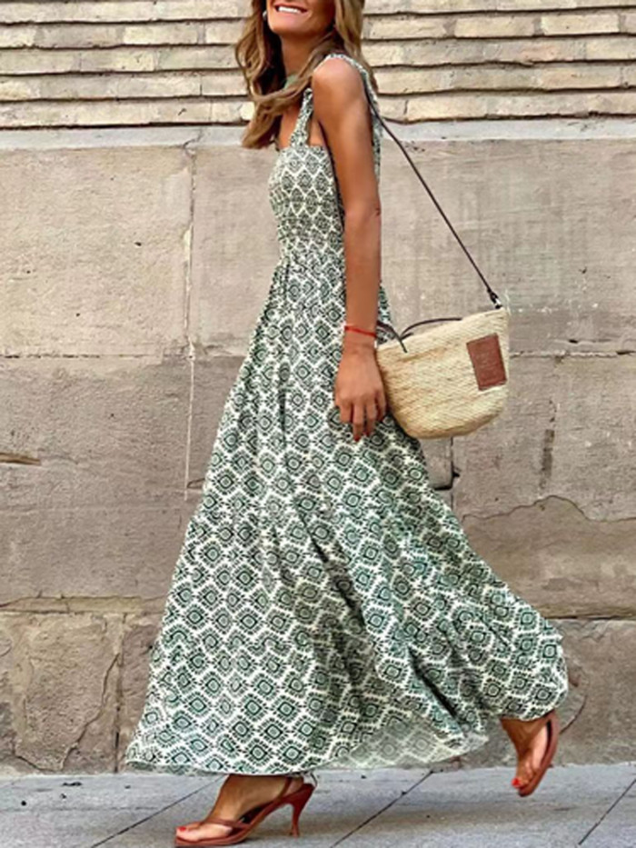 Elegant Casual Loose Vintage Striped Print Patchwork Maxi Dress