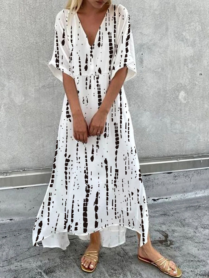 Fashion Printed V Neck Irregular Casual Loose Maxi Dress