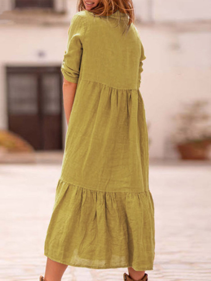 Casual Fashion Solid Color V-Neck Loose Cotton Linen Wedding Guest Dress