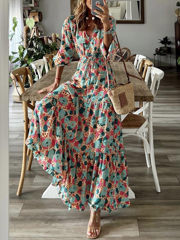 Vintage Boho Print Casual V Neck Waist Lace-up Fashion Maxi Dress
