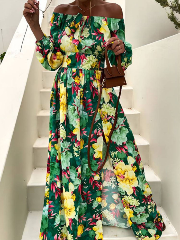 Fashion Long Sleeve Backless Slit Retro Boho Printed Maxi Dress