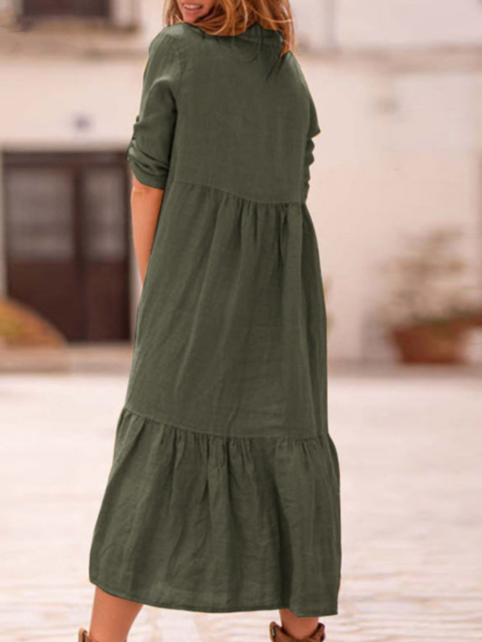 Casual Fashion Solid Color V-Neck Loose Cotton Linen Wedding Guest Dress