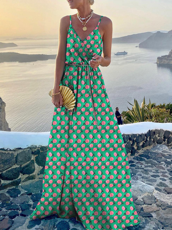 Sexy Sling V-Neck Backless Vintage Printing Maxi Dress