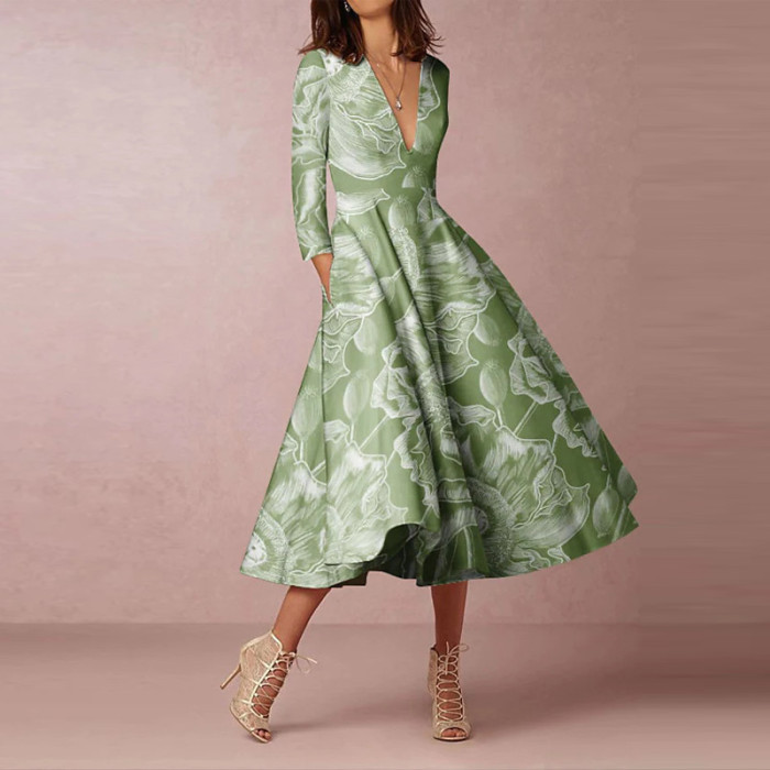 Vintage Geometric Print Temperament V-Neck Fashion Casual Wedding Guest Dress