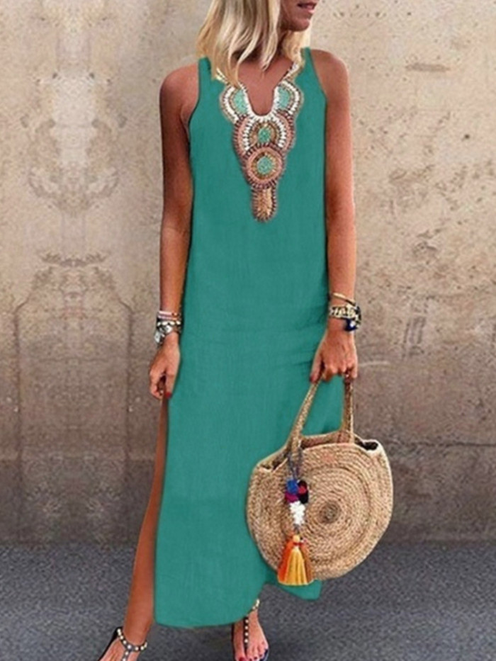Fashion V-Neck Vintage Boho Print Casual Cotton Wedding Guest Dress
