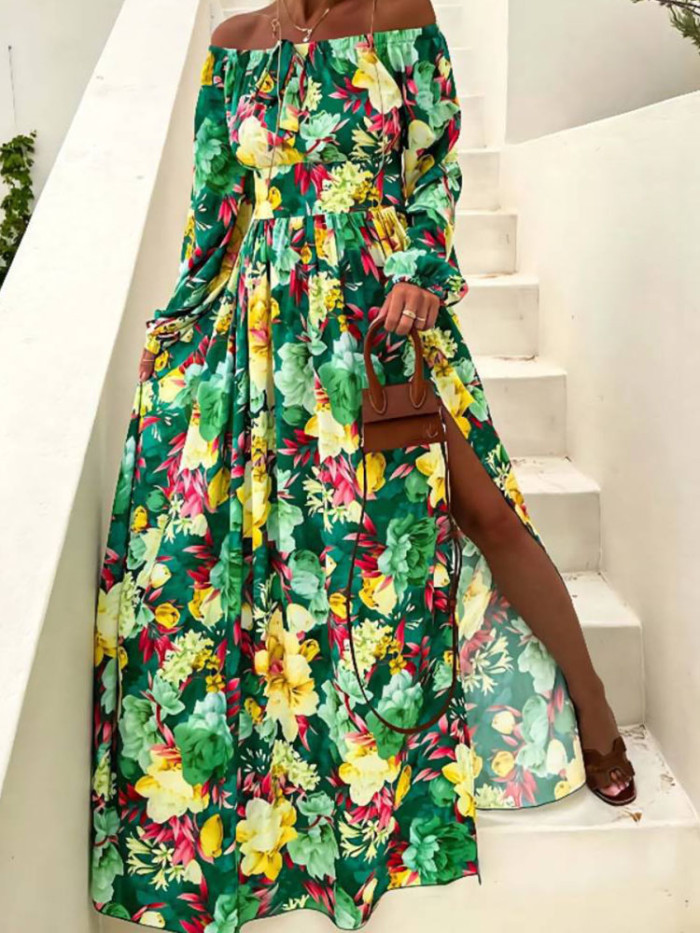 Fashion Long Sleeve Backless Slit Retro Boho Printed Maxi Dress