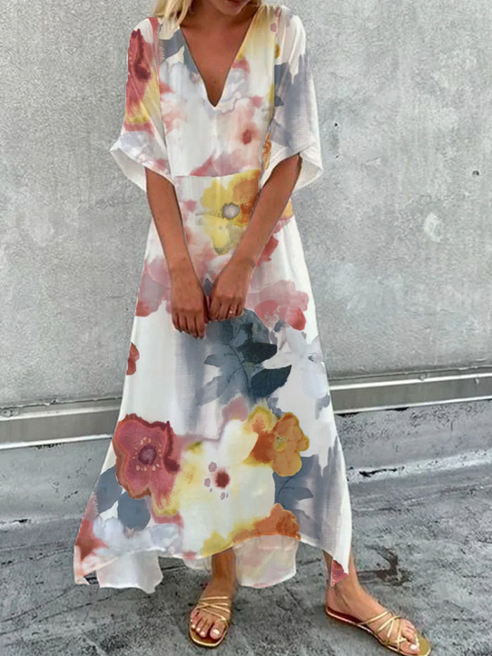 Fashion Printed V Neck Irregular Casual Loose Maxi Dress