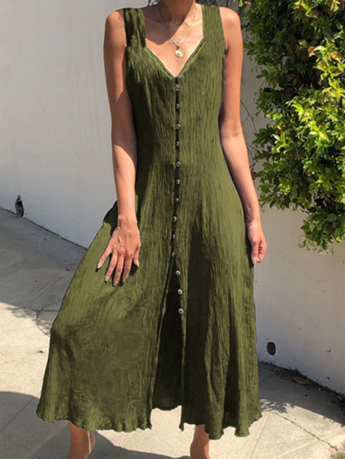 Fashion Linen Vintage V Neck Casual Maxi Dress