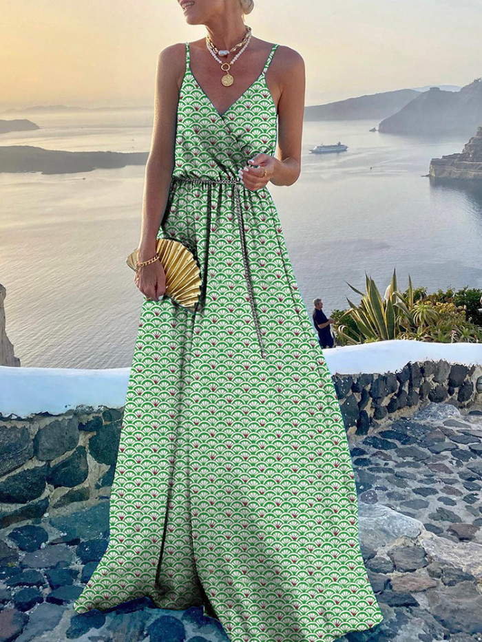 Sexy Sling V-Neck Backless Vintage Printing Maxi Dress