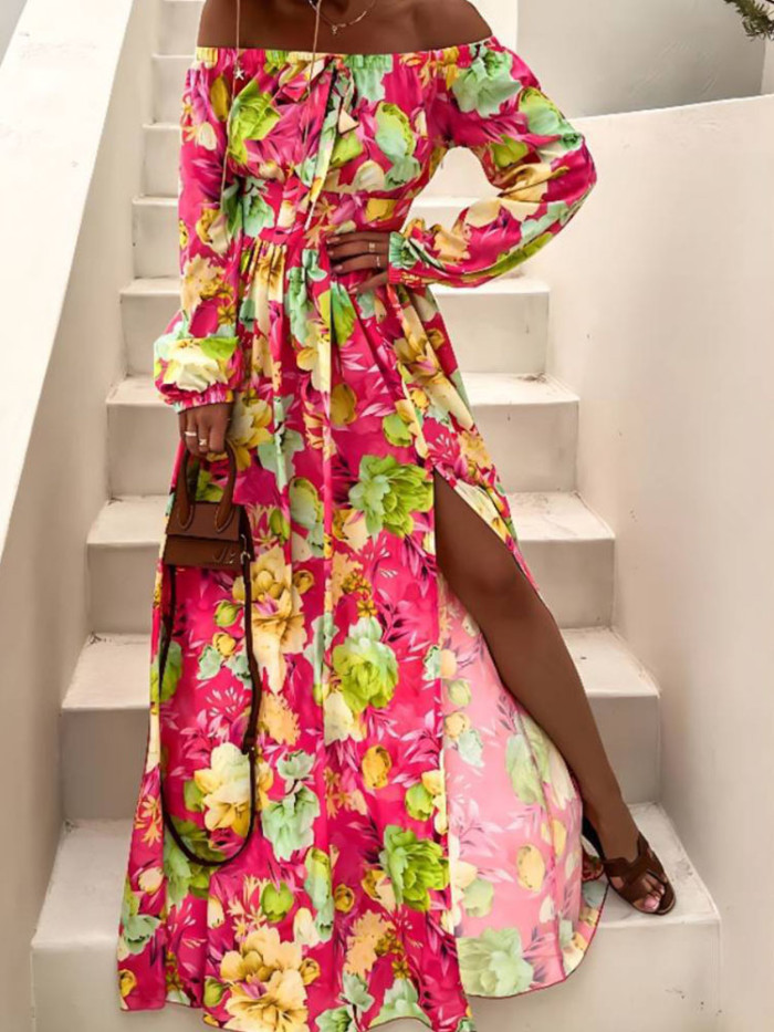 Fashion Long Sleeve Backless Slit Retro Boho Printed Maxi Dress