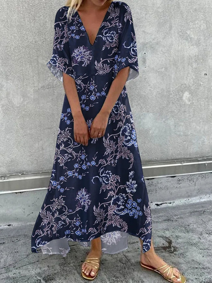 Fashion Printed V Neck Irregular Casual Loose Maxi Dress
