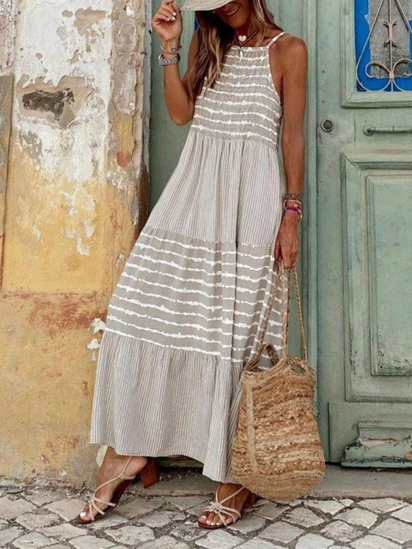 Elegant Casual Loose Vintage Striped Print Patchwork Maxi Dress