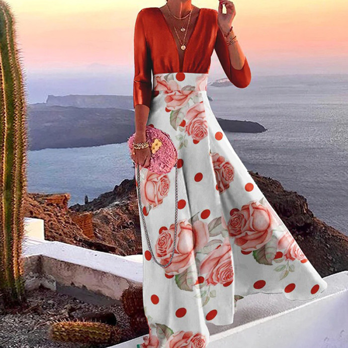 Fashion Deep V Neck Elegant Printed Patchwork Casual Maxi Dress