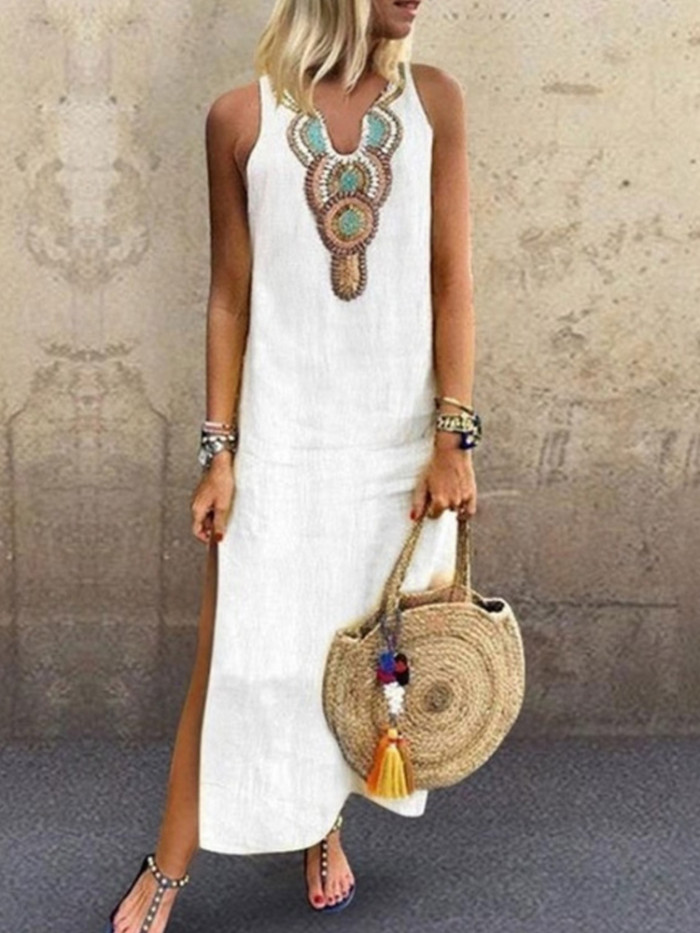 Fashion V-Neck Vintage Boho Print Casual Cotton Wedding Guest Dress