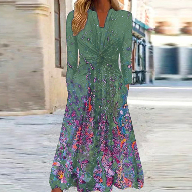 Vintage Floral Print Casual Long Sleeve V-Neck Fashion Dress