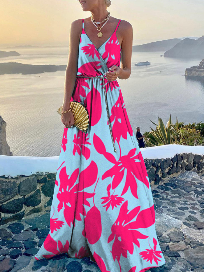 Sexy Sling V-Neck Backless Vintage Printing Maxi Dress