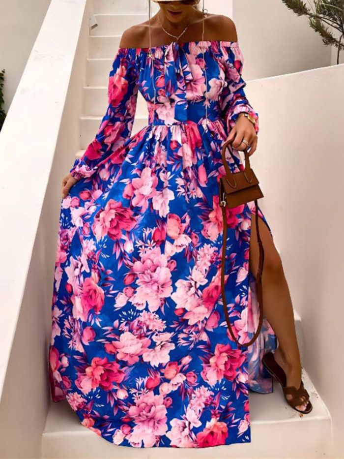 Fashion Long Sleeve Backless Slit Retro Boho Printed Maxi Dress