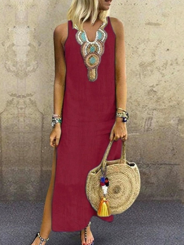 Fashion V-Neck Vintage Boho Print Casual Cotton Wedding Guest Dress
