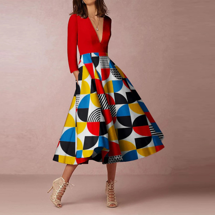 Vintage Geometric Print Temperament V-Neck Fashion Casual Wedding Guest Dress