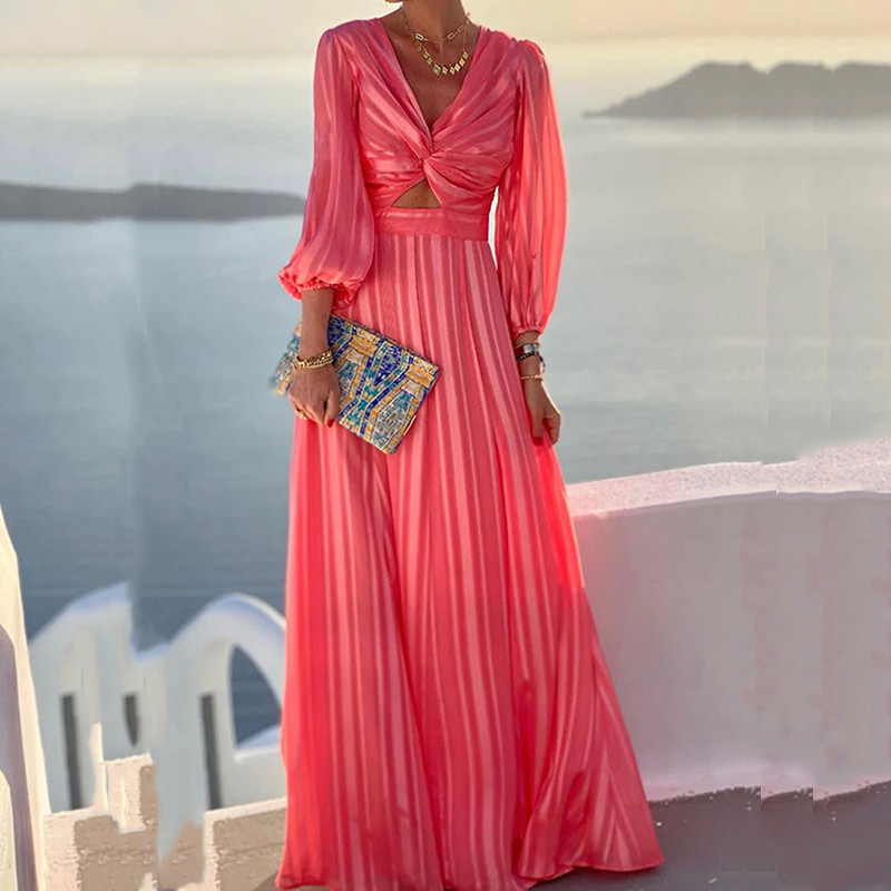Elegant Long Sleeve V Neck Sexy Bell Sleeve Fashion Wedding Guest Dress