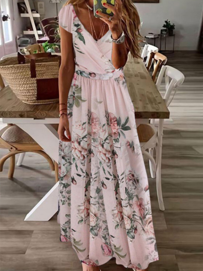 Vintage Floral Printed Boho Elegant V-Neck Maxi Dress