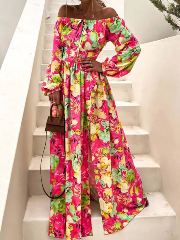 Fashion Long Sleeve Backless Slit Retro Boho Printed Maxi Dress