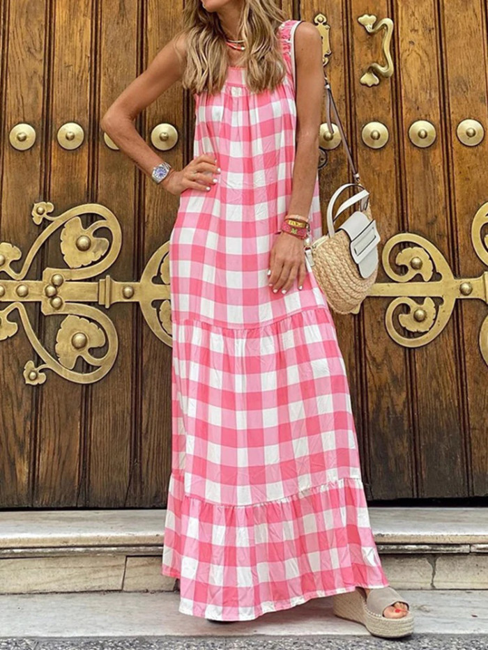 Elegant Casual Loose Vintage Striped Print Patchwork Maxi Dress