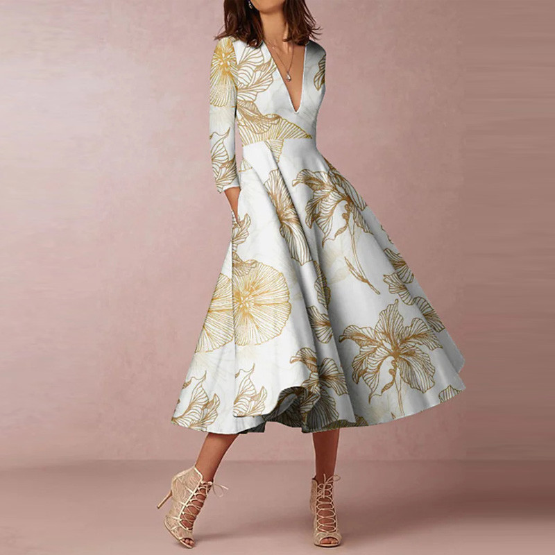 Vintage Geometric Print Temperament V-Neck Fashion Casual Wedding Guest Dress