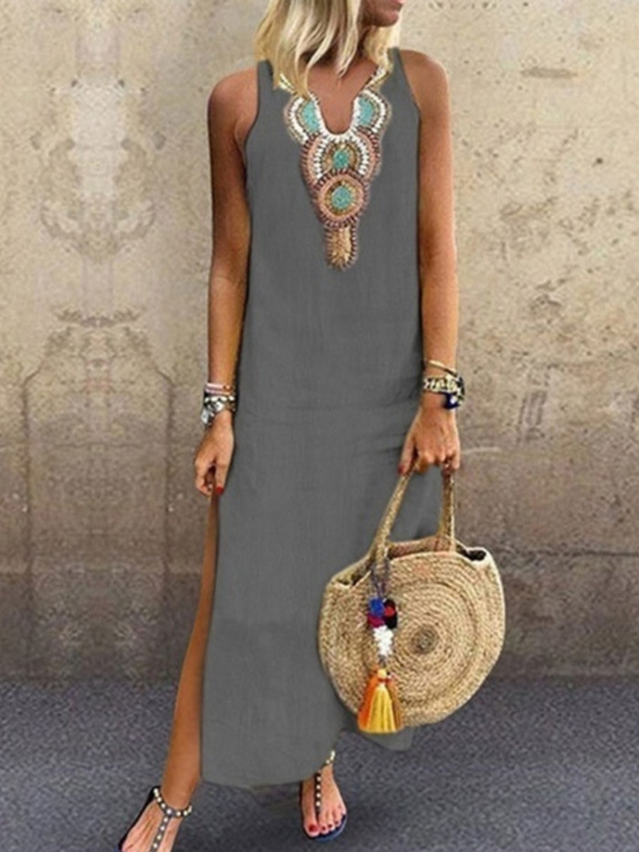 Fashion V-Neck Vintage Boho Print Casual Cotton Wedding Guest Dress