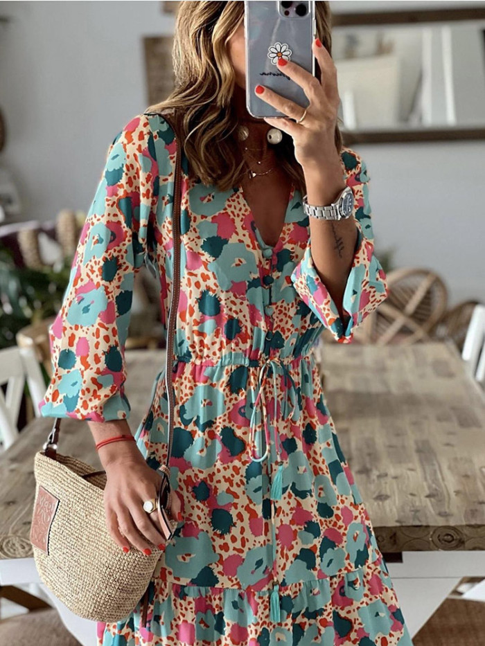 Vintage Boho Print Casual V Neck Waist Lace-up Fashion Maxi Dress