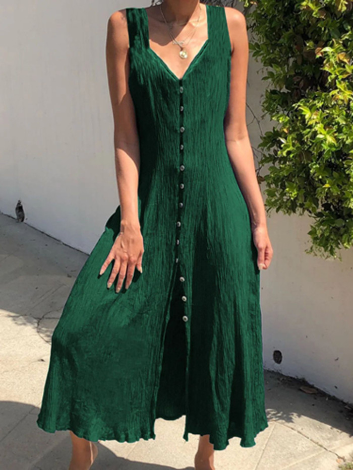 Fashion Linen Vintage V Neck Casual Maxi Dress