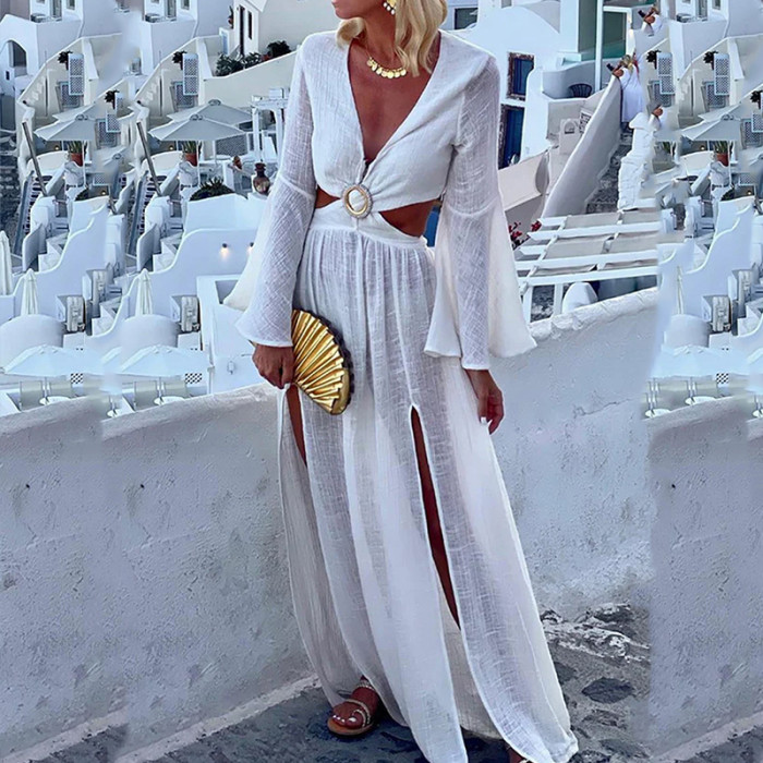 Elegant Long Sleeve V Neck Sexy Bell Sleeve Fashion Wedding Guest Dress