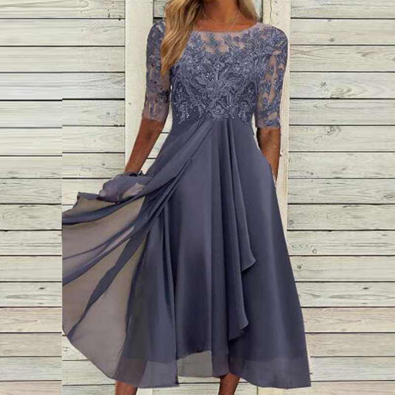 Summer Women Fashion Lace Hollow Patchwork Party Dress Elegant Short Sleeve O Neck Dress Ladies Solid Slim Temperament Dresses