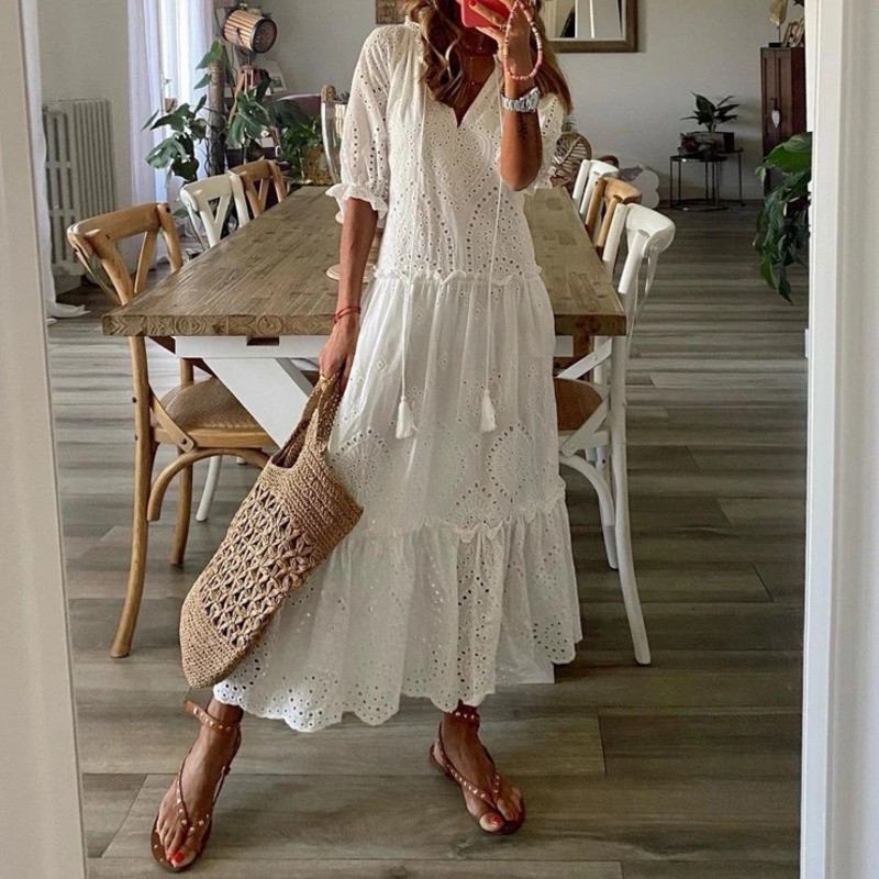 Bohemian Loose Vintage Embroidery Hollow Out Elegant Maxi Dress