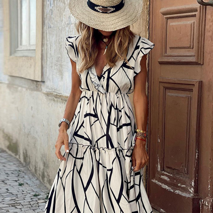 Fashion Ruffle Side Casual V-Neck Maxi Dress