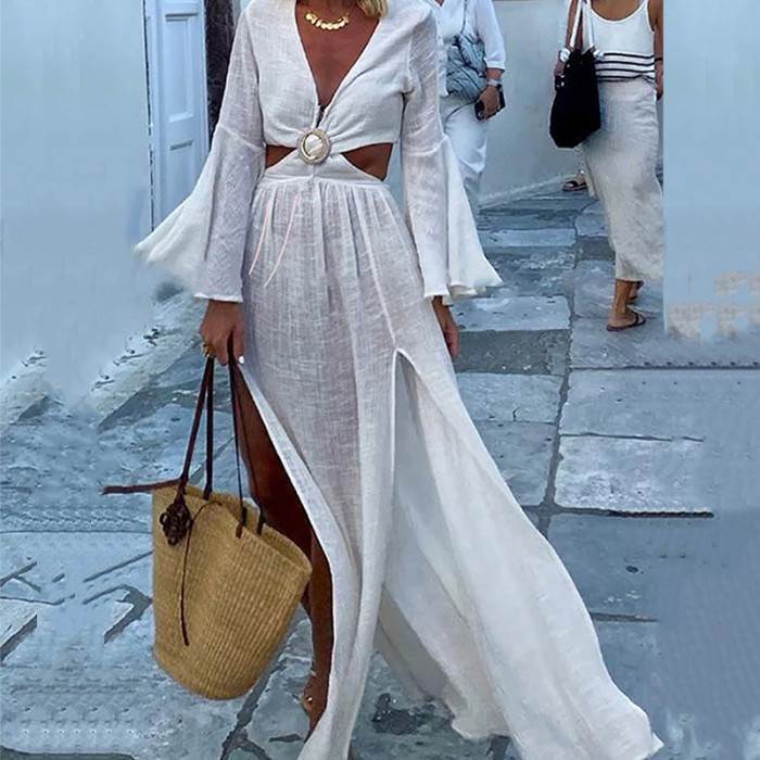 Elegant Long Sleeve V Neck Sexy Bell Sleeve Fashion Wedding Guest Dress
