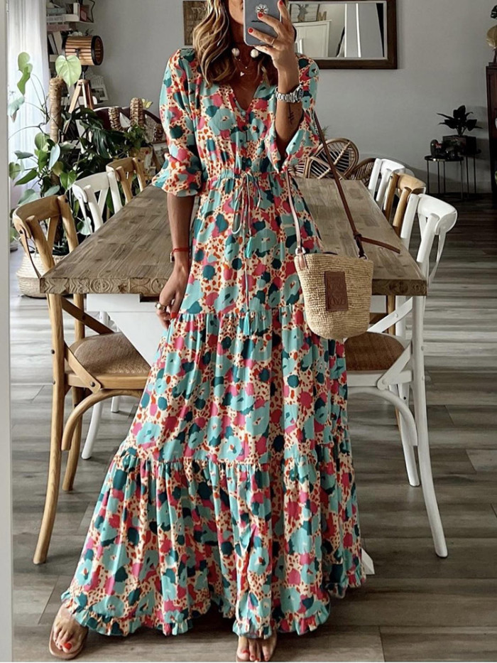 Vintage Boho Print Casual V Neck Waist Lace-up Fashion Maxi Dress