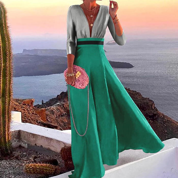 Fashion Deep V Neck Elegant Printed Patchwork Casual Maxi Dress