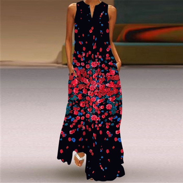 Casual Print V Neck Boho Floral Beach Maxi Dress