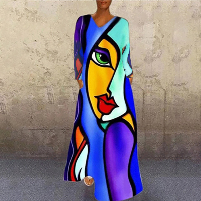 Women Fashion Abstract Print Casual Long Sleeve Sexy V-Neck Loose Maxi Long Dress