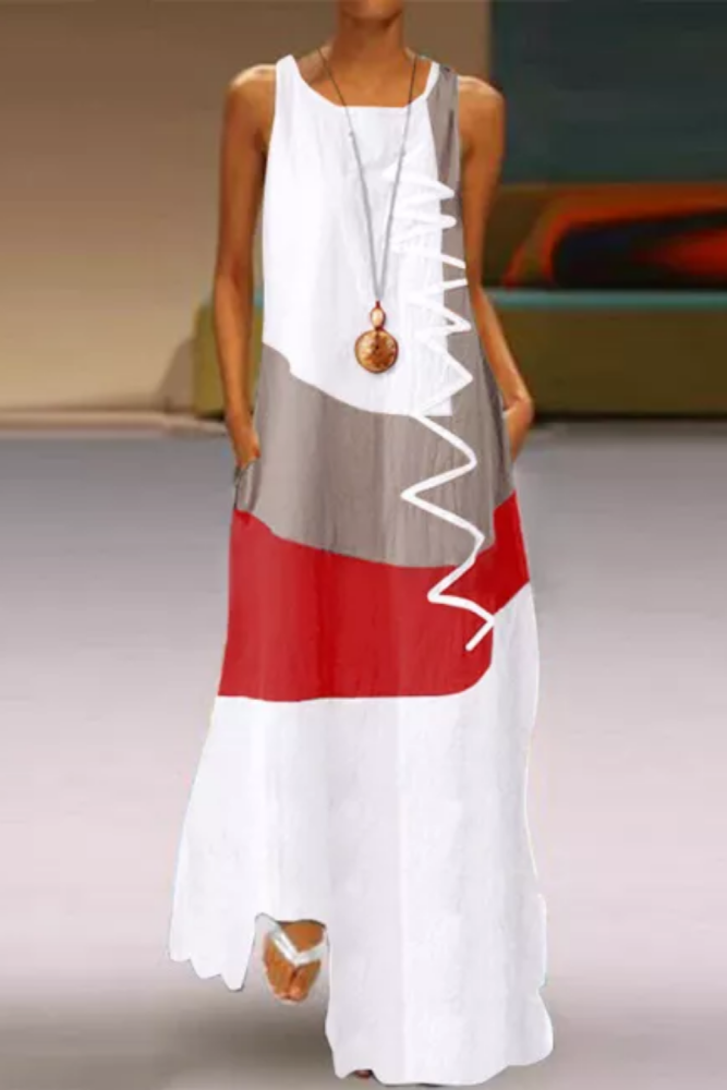 Vintage Patchwork Print Casual O Neck Loose Maxi Dress