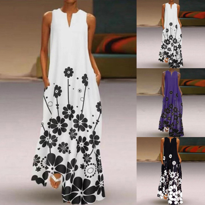 Fashion Casual Floral Print V Neck Elegent Maxi Dress