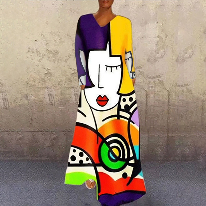 Women Fashion Abstract Print Casual Long Sleeve Sexy V-Neck Loose Maxi Long Dress