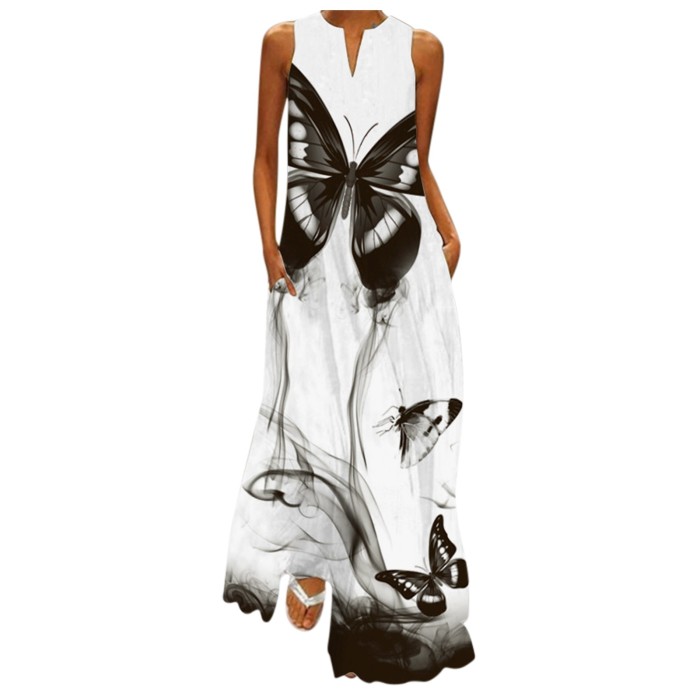 Casual Sleeveless Butterfly Print V-Neck Maxi Dress