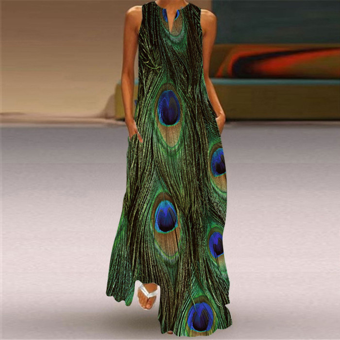 Fashion Print V-Neck Elegent Maxi Dress