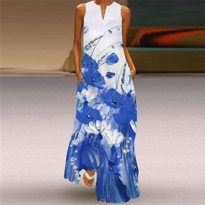 Sleeveless Fashion Boho Print V-Neck Maxi Dress