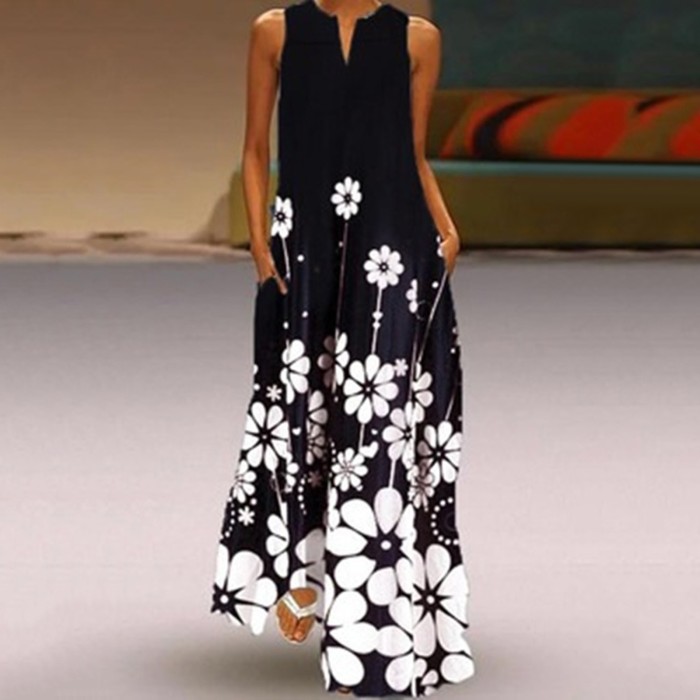 Fashion Casual Floral Print V Neck Elegent Maxi Dress