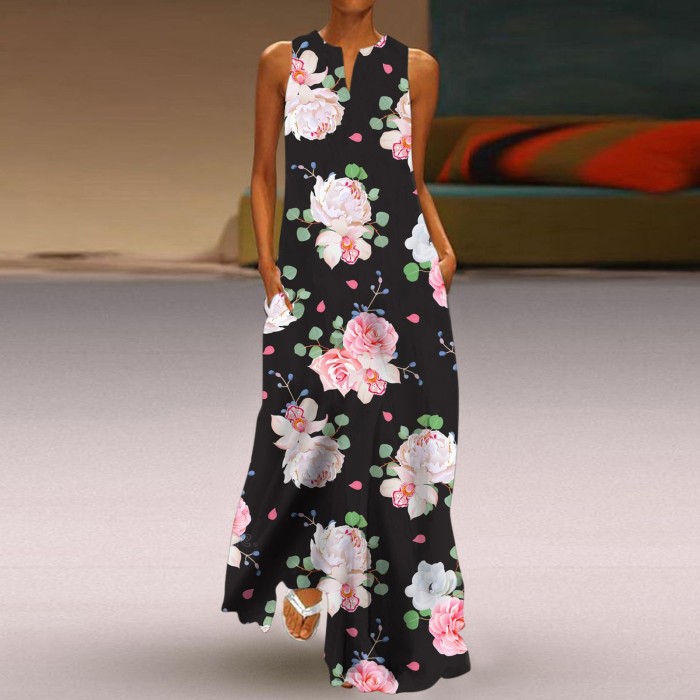 Casual Sleeveless Print V Neck Maxi Dress