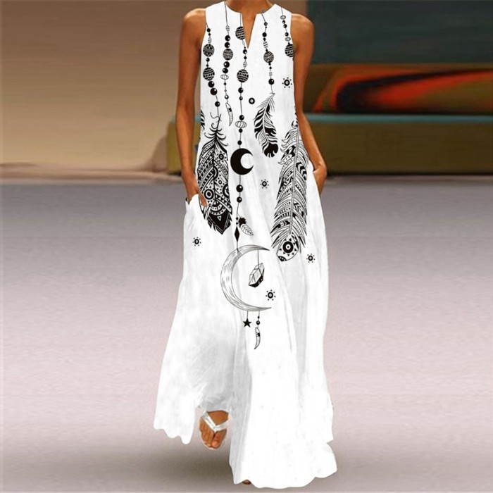 Elegent Sleeveless Print V-Neck Maxi Dress